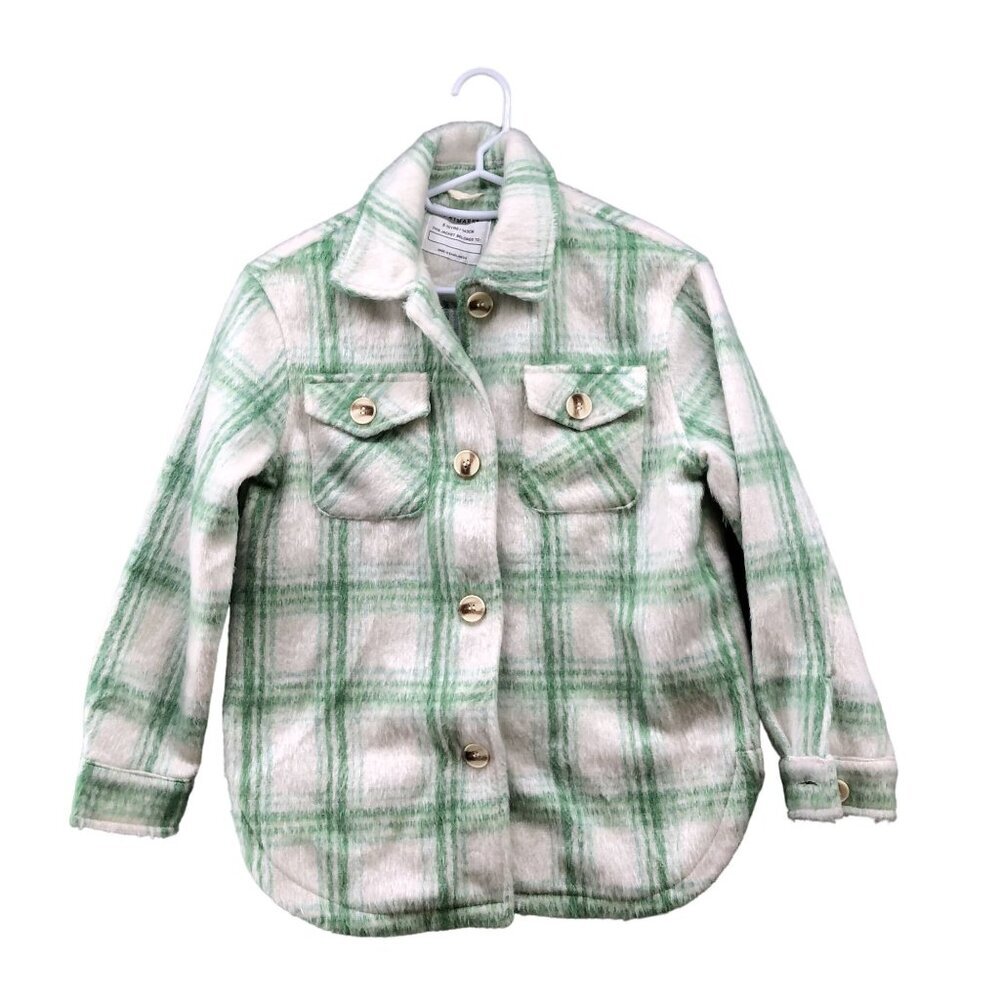 Primark Kids Girls Size 9-10 Years 140 cm Shacket Green White Plaid‎ Fuzzy Fall
